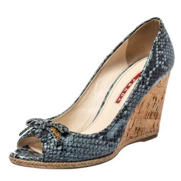 Pre Owned Prada Sport Blue/Black Python Embossed Leather Peep Toe Wedge Sandals Size 36