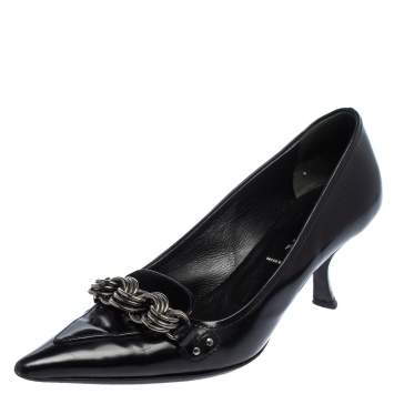 Pre Owned Prada Black Leather Pointed Toe Chain Embellishment Pumps Size 36