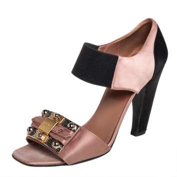 Pre Owned Prada Black/Brown Satin And Fabric Embellished Sandals Size 37