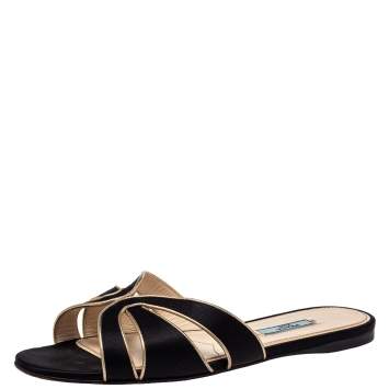 Pre Owned Prada Black Laser Cut Satin Flat Slides Size 39.5