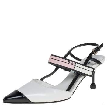 Pre Owned Prada White/Black Leather Cap Toe Slingback Sandals Size 36