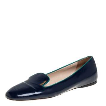 Pre Owned Prada Dark Blue Patent Saffiano Leather Smoking Slippers Size 40