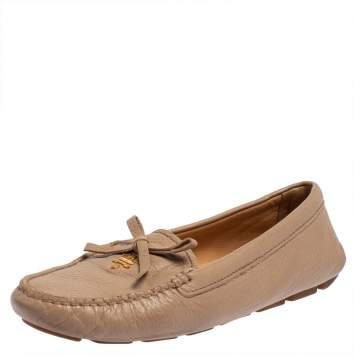 Pre Owned Prada Beige Leather Slip On Loafers Size 37.5