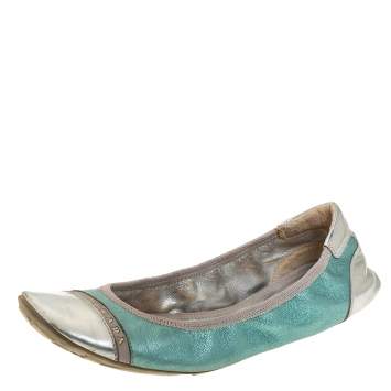 Prada Metallic Silver/Blue Patent And Leather Scrunch Ballet Flats Size 36.5
