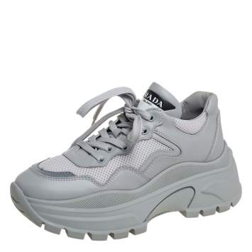 Pre Owned Prada Grey Mesh And Leather Panel Chunky Low Top Sneakers Size 37.5