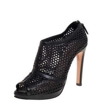 Prada Black Perforated Leather Peep Toe Booties Size 36