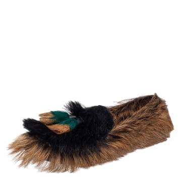 Pre Owned Prada Brown/Black Fur  Slip On Loafers Size 36