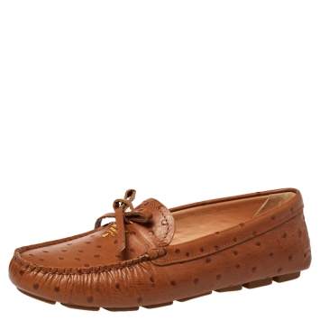 Pre Owned Prada Brown Ostrich Leather Slip on Loafers Size 38