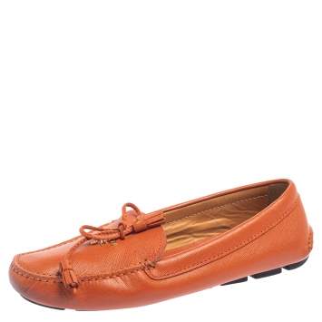 Pre Owned Prada Orange Leather Bow Slip On Loafers Size 38