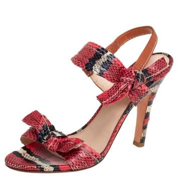 Pre Owned Prada Red/Black Python Embossed Leather Bow Slingback Sandals 38.5