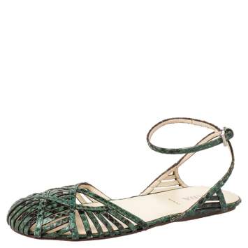 Pre Owned Prada Green/Black Python Flat Ankle Strap Sandals Size 37