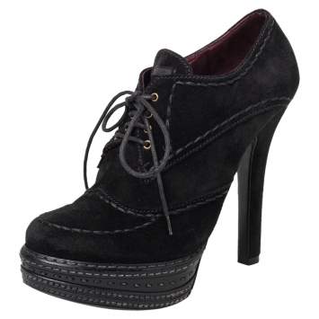 Pre Owned Prada Black Suede Platform Lace Up Booties Size 38.5