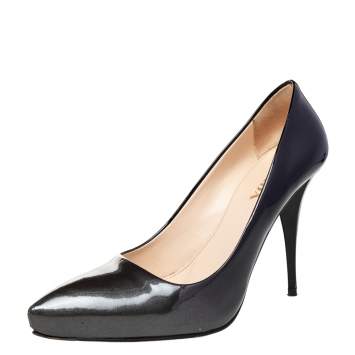 Pre Owned Prada Metallic Grey/Black Patent Leather Pointed Toe Pumps Size 37.5