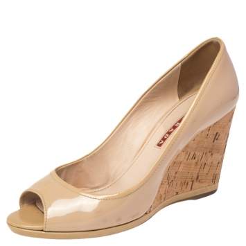 Pre Owned Prada Beige Patent Leather Peep Toe Cork Wedges Pumps Size 38