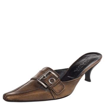 Pre Owned Prada Brown Leather Buckle Mule Sandals Size 36.5