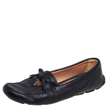 Pre Owned Prada Black Grained Leather Bow Slip On Loafers Size 36