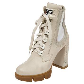 مملوكة مسبقًا Prada Vanilla Leather and Neoprene Lace Up Combat Platform Boots Size 39