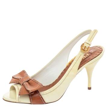 Pre Owned Prada Cream/Brown Leather Bow Peep Toe Slingback Sandals Size 37.5