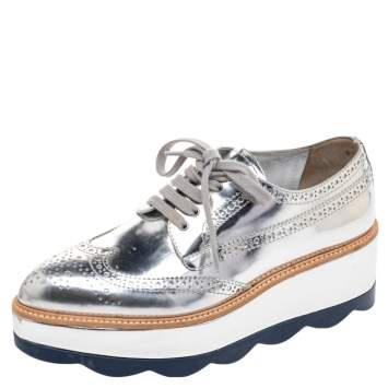 Pre Owned Prada Metallic Silver Brogue Leather Wave Wingtip Platform Derby Size 37