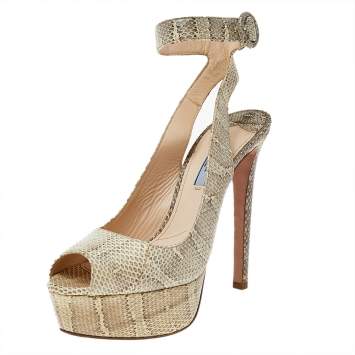 Prada White/Grey Karung Peep Toe Platform Ankle Strap Sandals Size 39