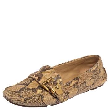 Pre Owned Prada Beige/Brown Python Buckle Detail Loafers Size 37