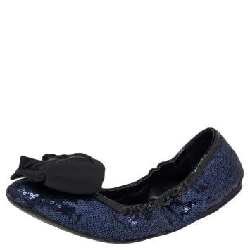 Pre Owned Prada Navy Blue  Sequin And Patent Leather Trim Fabric Bow Logo Scrunch Ballet Flats Size 40