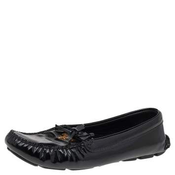 Pre Owned Prada Black Patent Leather Bow Loafers Size 38