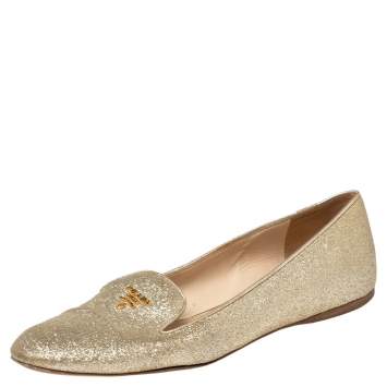 Pre Owned Prada Gold Glitter Smoking Slippers Size 37
