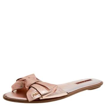 Pre Owned Prada Pink Leather Bow Slide Sandals Size 38
