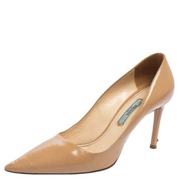 Pre Owned Prada Beige Patent Saffiano Leather Pointed Toe Pumps Size 36.5