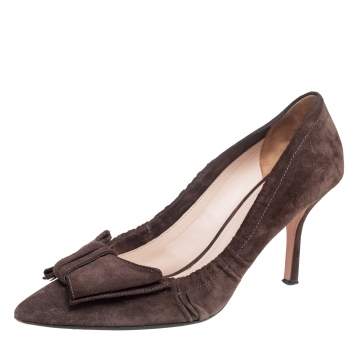 Pre Owned Prada Dark Brown Pleated Suede Pointed Toe Bow Pumps Size 39.5