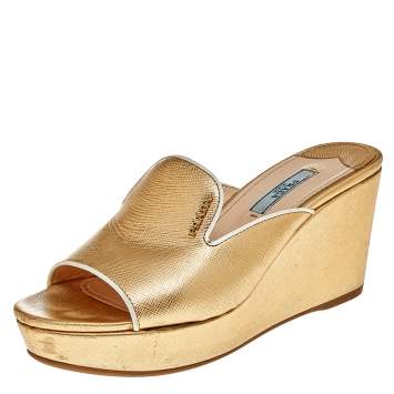Pre Owned Prada Gold Saffiano Lux Leather Wedge Platform Slide Sandals Size 36 