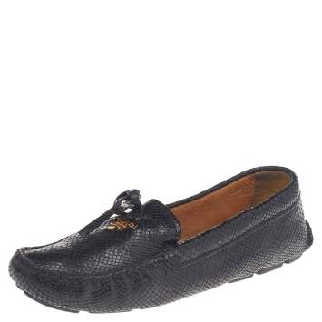 Pre Owned Prada Black Python Embossed Leather Slip On Loafers Size 41