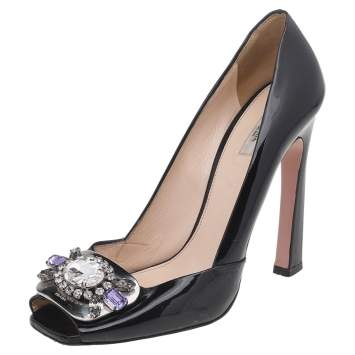 Pre Owned Prada Black Patent Leather Crystal Embellished Open Toe Pumps Size 39