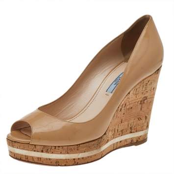 Pre Owned Prada Beige Patent Leather Peep Toe Cork Wedge Pumps Size 38.5