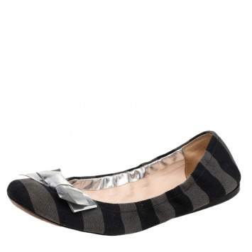 Prada Black/Silver Canvas And Leather Bow Scrunch Ballet Flats Size 38.5
