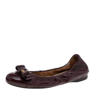 Pre Owned Prada Burgundy Patent Leather Bow Scrunch Ballet Flats Size 36