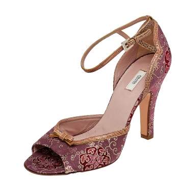 مملوكة مسبقًا Prada Pink/Brown Brocade Fabric And Lizard Leather Ankle Strap Sandals Size 38
