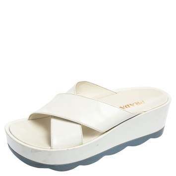 Pre Owned Prada White Leather Criss Cross Platform Slide Sandals Size 40