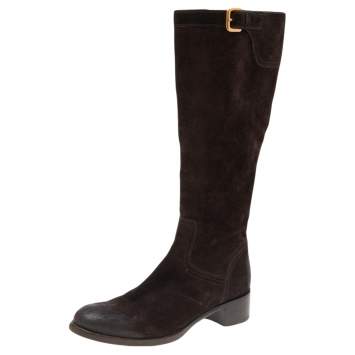 مملوكة مسبقًا Prada Dark Brown Suede Block Heel Knee Length Boots Size 38