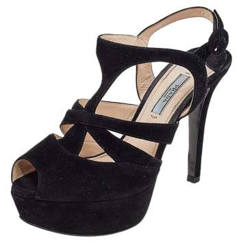 Prada Black Suede Peep Toe Slingback Platform Sandals Size 37.5
