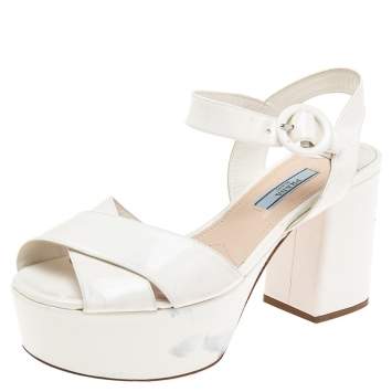 Pre Owned Prada Cream Patent Leather Criss Cross Platform Ankle Strap Sandals Size 37.5