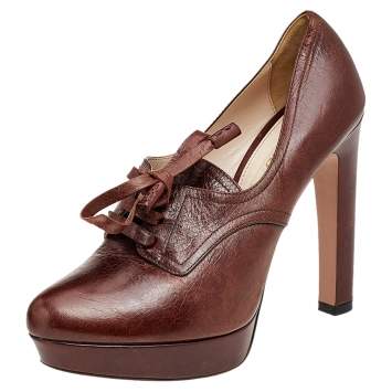 Pre Owned Prada Brown Leather Lace Up Booties Size 38