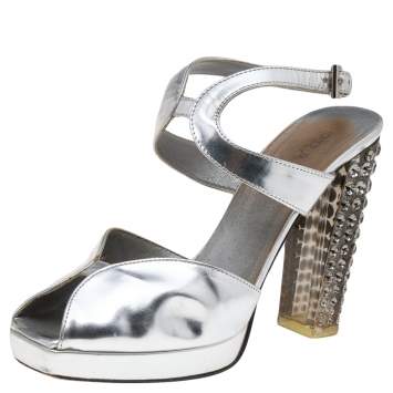 Pre Owned Prada Metallic Silver Leather Crystal Embellished Block Heel Platform Sandals Size 35.5