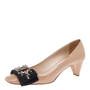 Pre Owned Prada Beige Patent Leather Embellished Square Toe Pumps Size 37