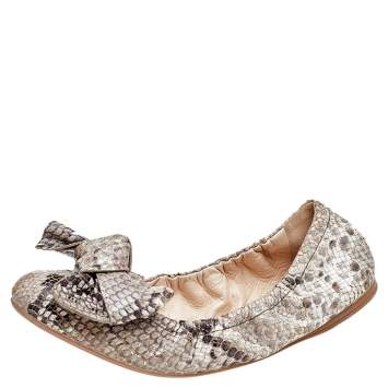 Pre Owned Prada Python Embossed Leather Scrunch Bow Ballet Flats Size 37