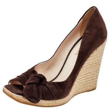 Pre Owned Prada Brown Suede Bow Wedge Espadrille Pumps Size 37.5