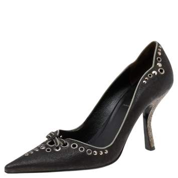 Pre Owned Prada Dark Brown Leather Bow Pointed Toe Pumps Size 37.5