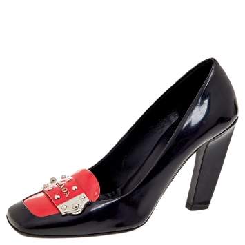 Pre Owned Prada Black/Coral Pink Patent Leather Block Heel Pumps Size 37.5