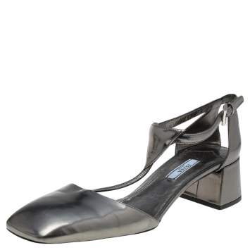 Pre Owned Prada Metallic Grey Patent Leather T Strap Block Heel Sandals Size 41